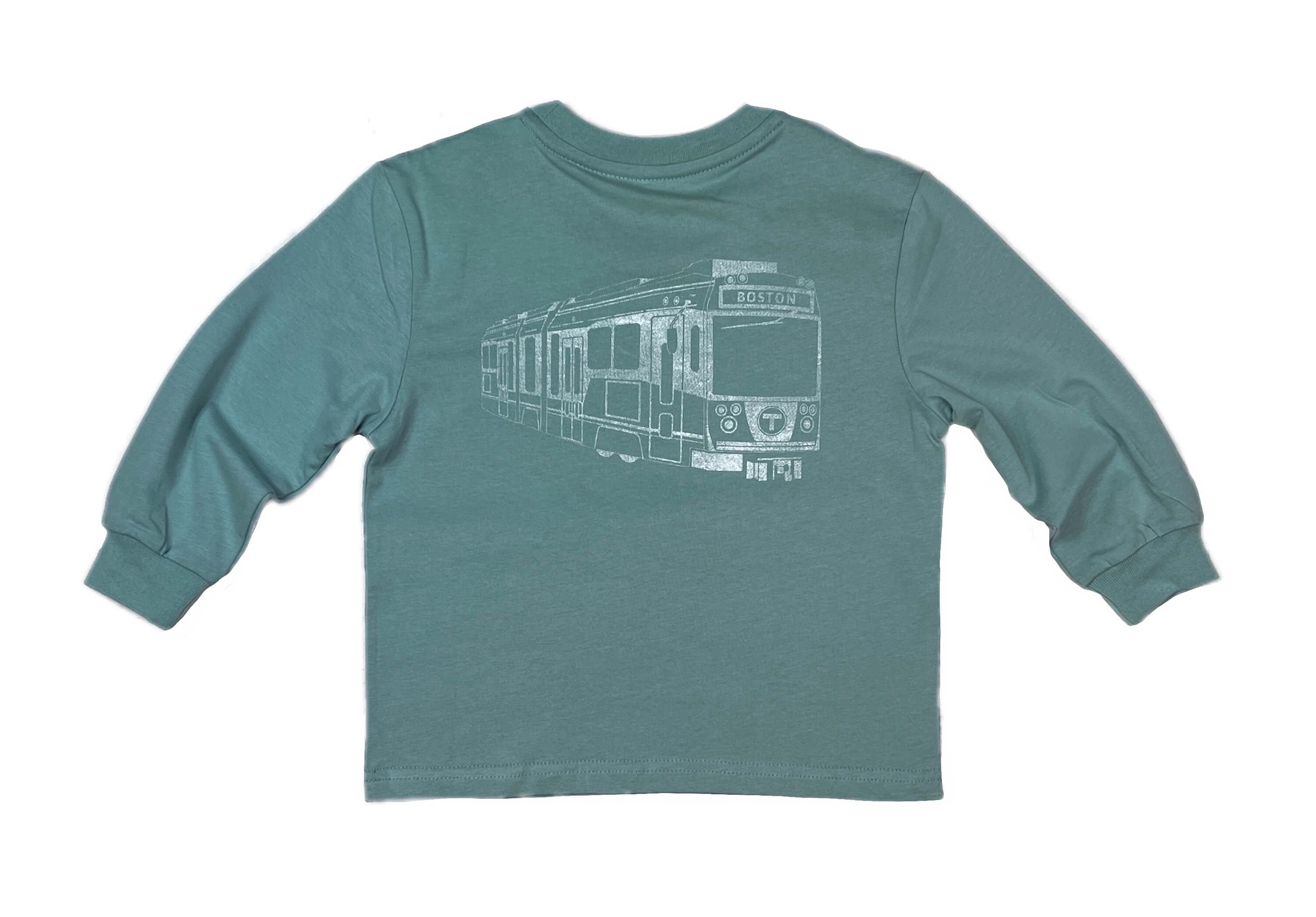 Toddler size washed green long sleeve cotton t-shirt with Boston MBTA Green Line Type 9 Subway Trolley on the back